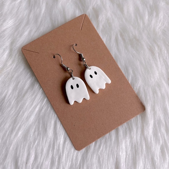 Hand Crafted Jewelry - Halloween Ghost Silver Hook Earrings Polymer Clay